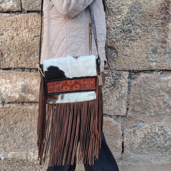 Ladies Hand Tooled Bag with Fringes, Hair On Leather Bag - Picture 3 of 10